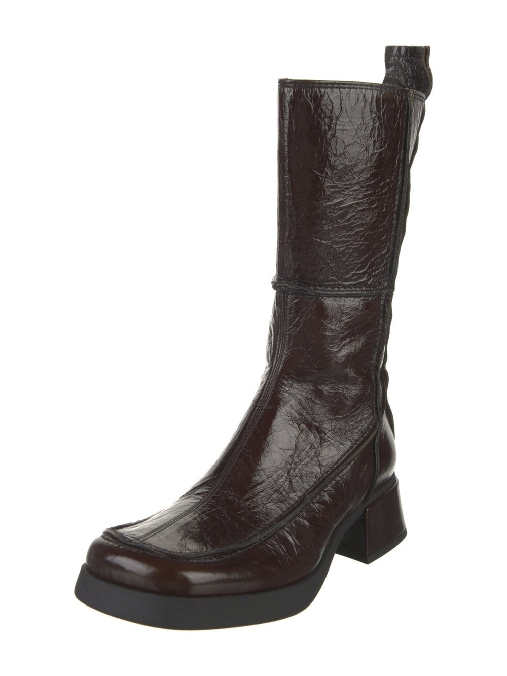 Miista Glossy Dark Brown Mid-Calf Platform Heeled Boot